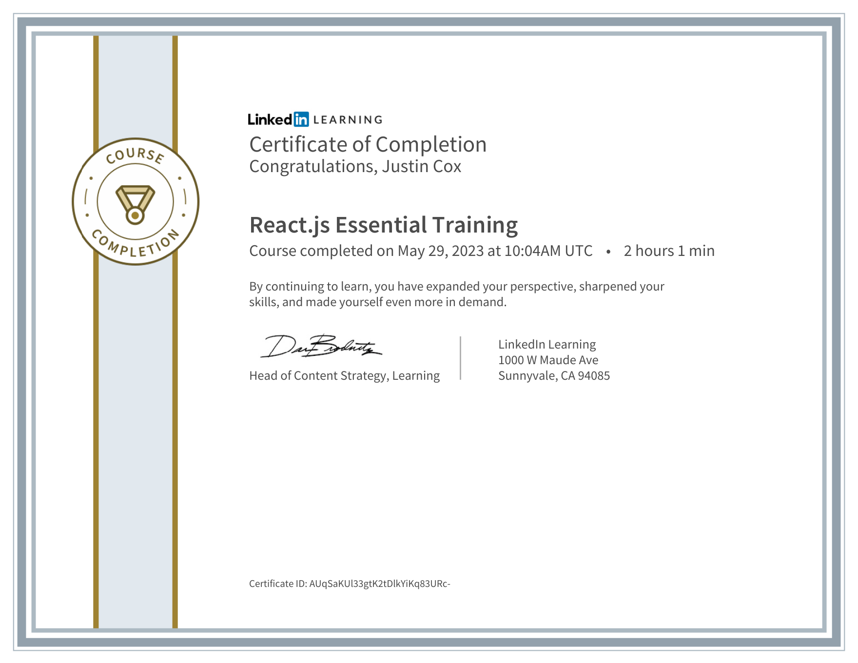 React.js Essential Training certificate preview